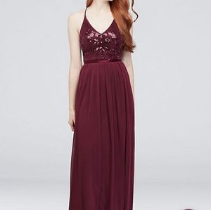 David's Bridal romantic sequin bodice v-neck gown with sheer mesh skirt